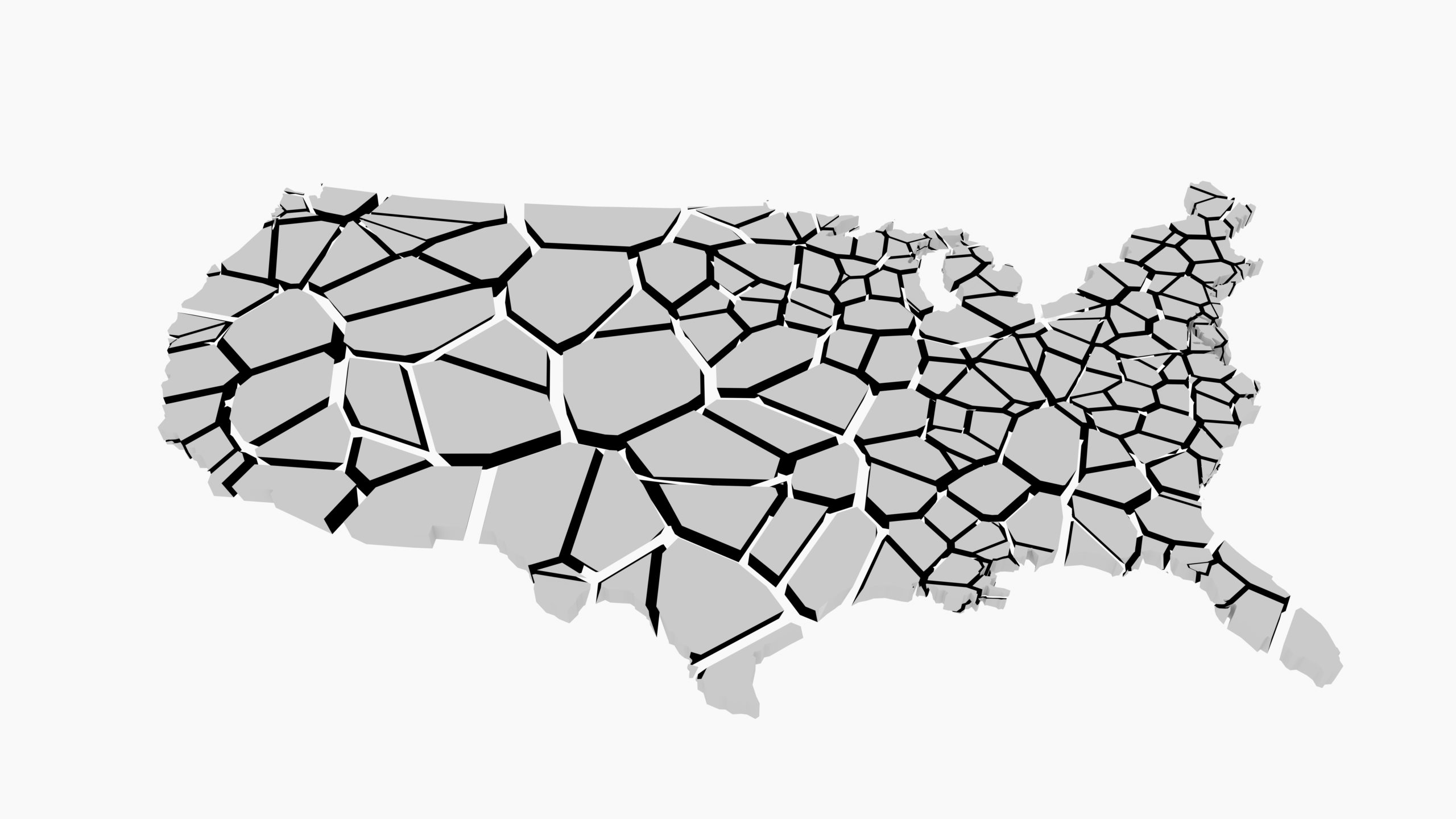 United States of America gray 3D map fractured into random piece