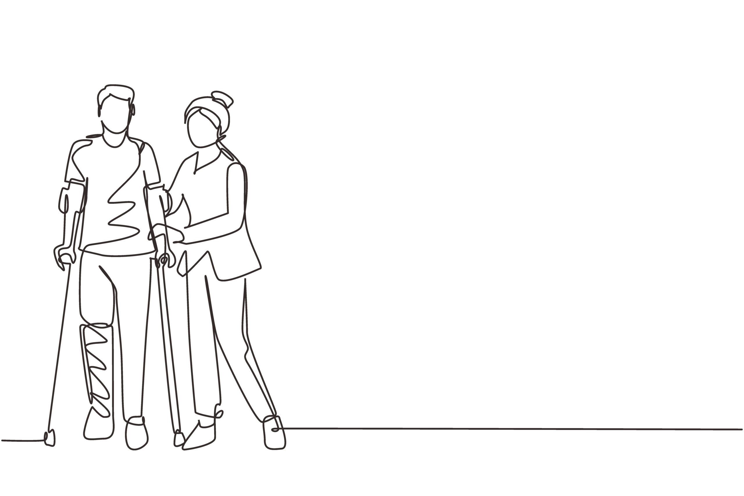 Single one line drawing rehabilitation center. Young man patient